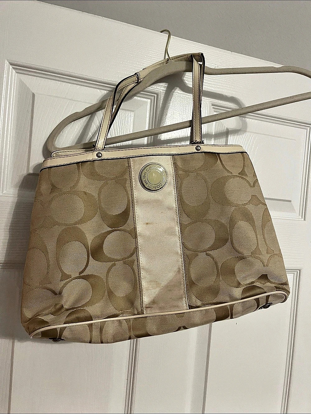Coach Signature Stripe Frame Carryall Tote in Beige & Brown